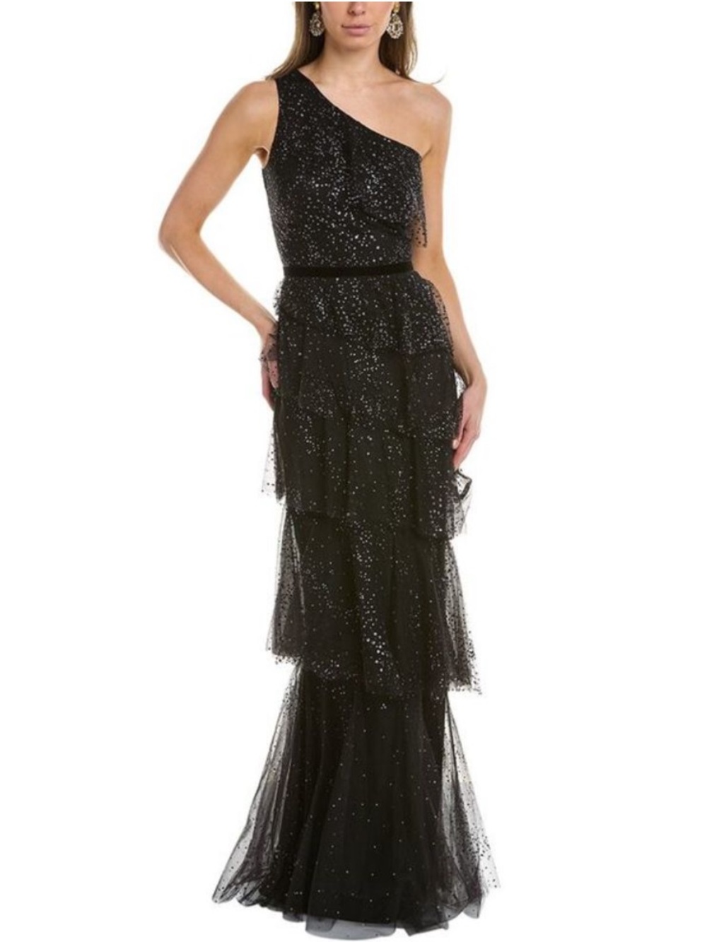 Marchesa Notte One-Shoulder Tiered Glitter Tulle Black Gown, Size 2